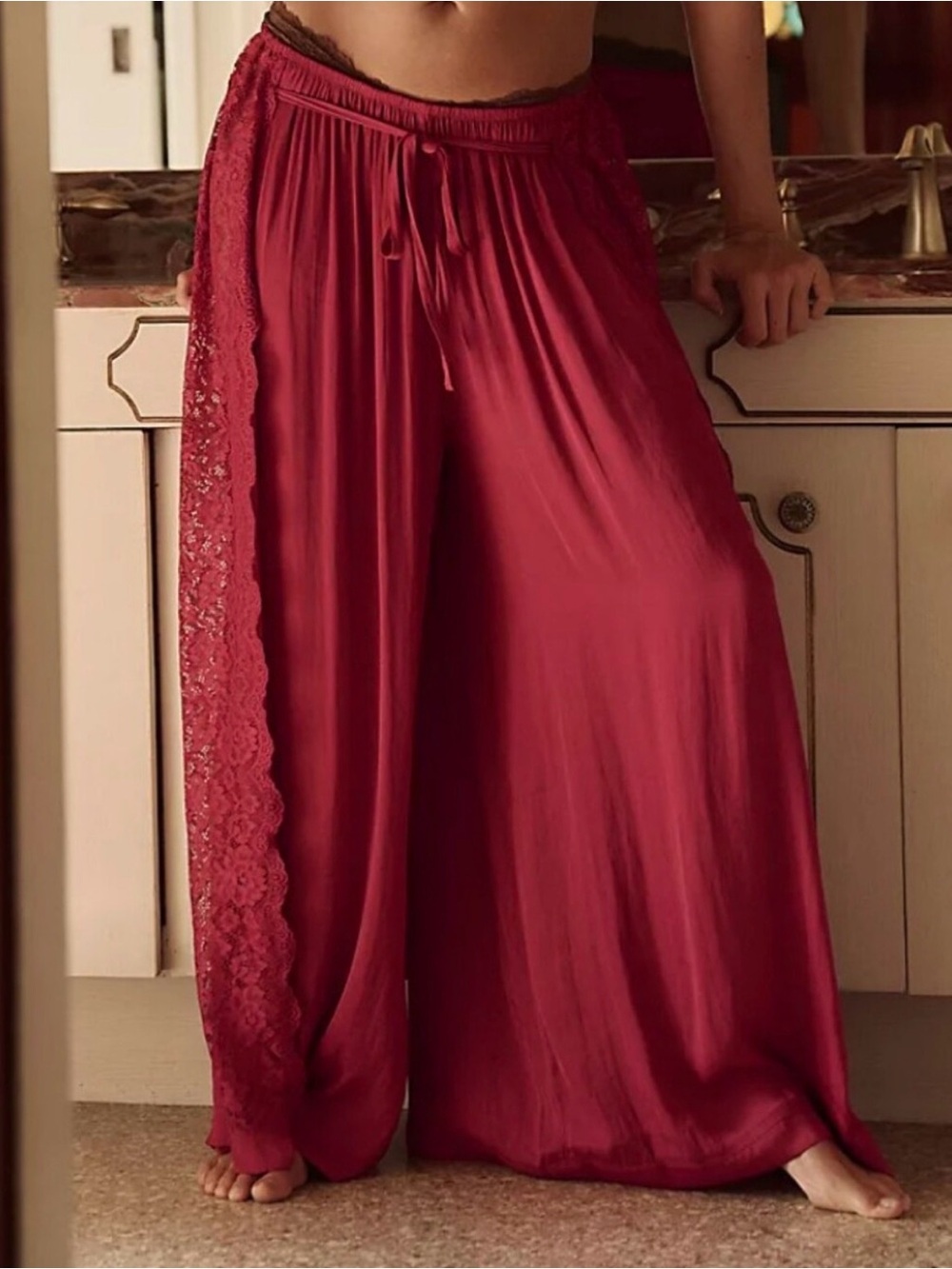 So in Love Sold Out FP Wide Leg Satin Lounge Pants with Lace Trim - Fuschia